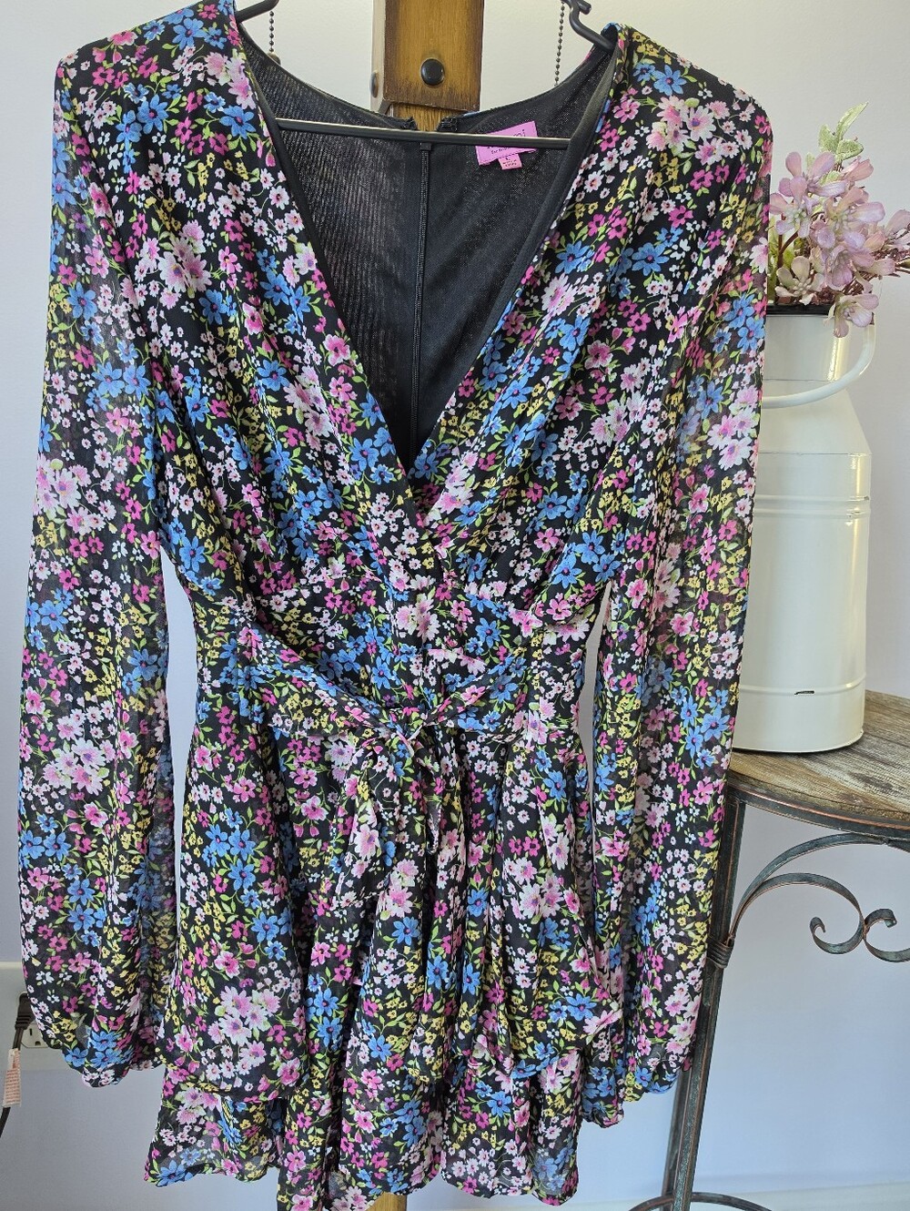 #2645, mi ami for Francesca's alma floral long sleeve short mini dress sz L, NWT